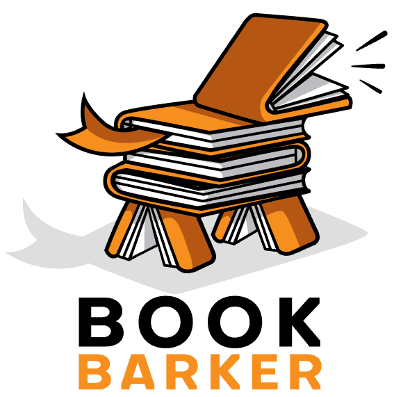 An illustration of a stack of books formed into the shape of a dog, with an open book as the head. The books are mostly orange and white. Below the image, the text 'BOOK BARKER' is written in bold letters.